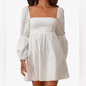 Womens Square Neck Dress Long Puff Sleeve A-Line Mini Dress - Large